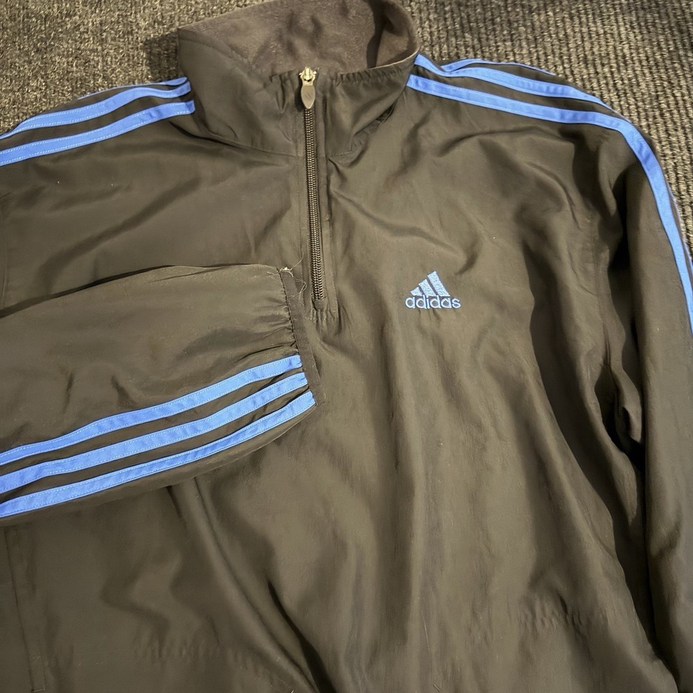 Adidas 1/4 Zip Pullover Mens Small Black Blue Lightweight Track Stripes Workout